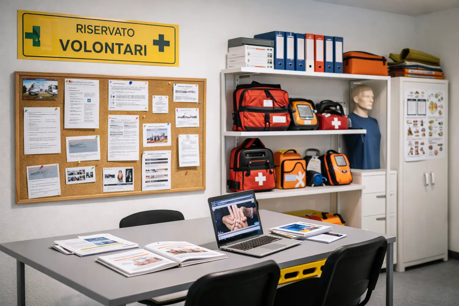 Aula di addestramento per soccorritori con bacheca informativa in sughero, attrezzature di emergenza su scaffalature bianche e materiale didattico su scrivania.