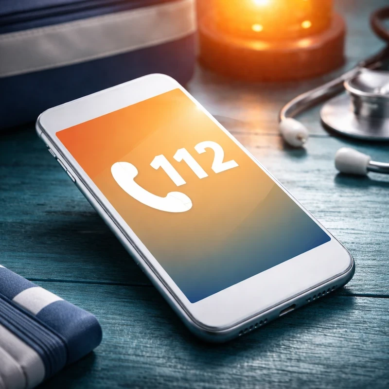 Smartphone con schermata numero emergenza 112 su tavolo medico, circondato da stetoscopio e luce arancione di ambulanza sullo sfondo.