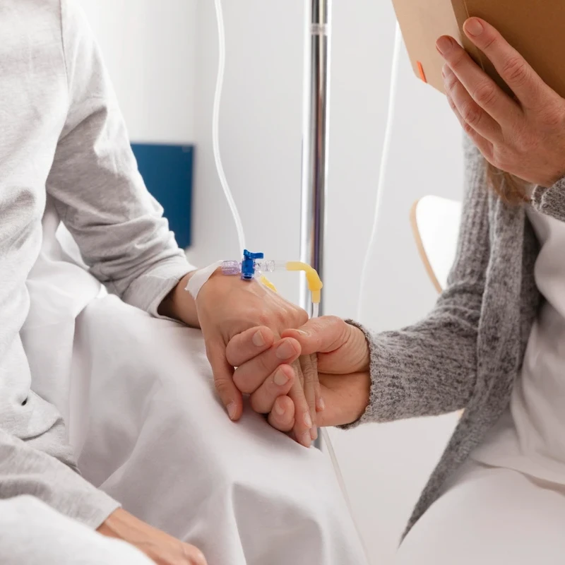 Medico in camice bianco tiene la mano di paziente con flebo endovenosa in ambiente ospedaliero, gesto di conforto e cura.