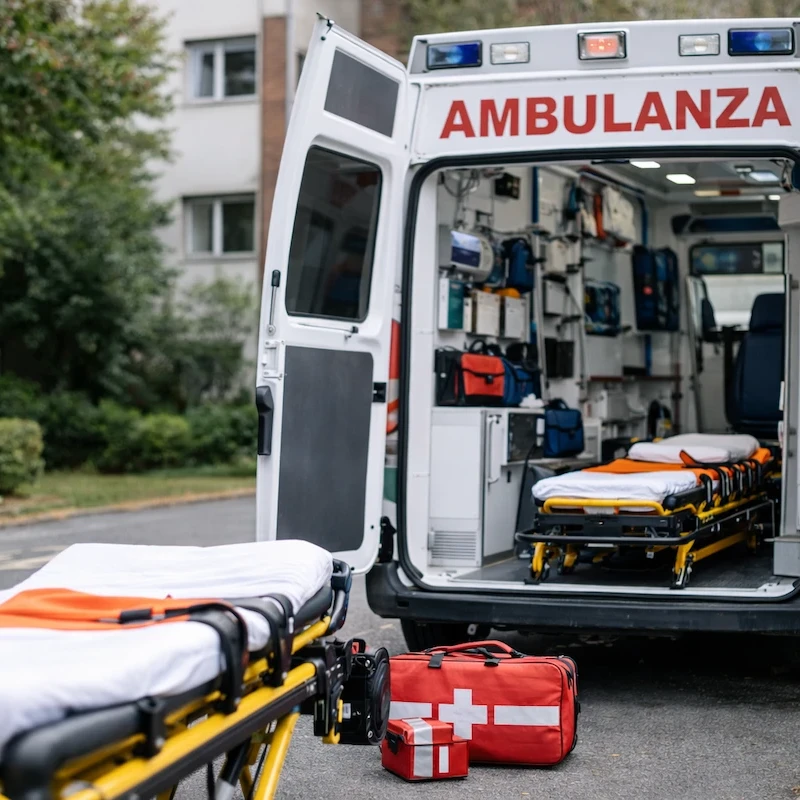 Ambulanza parcheggiata con porte aperte che rivelano compartimento sanitario completamente equipaggiato, barella d'emergenza esterna e zaino medico rosso della Croce Rossa.